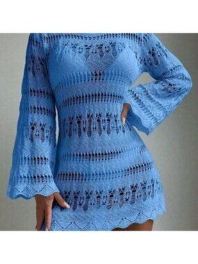 Blue Boho Womens Beach Hollow Out Scallop Trim Cover Up Dress Without Bikini Set